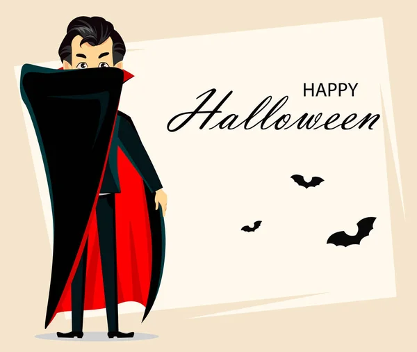 Happy Halloween Wenskaart Uitnodiging Poster Flyer Vampier Verstopt Achter Kaap — Stockvector