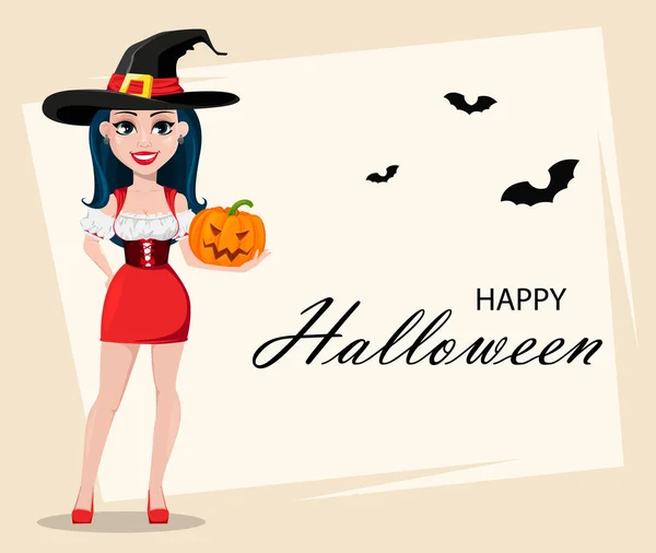 Joyeux Halloween Carte Voeux Avec Sorcière Sexy Belle Robe Chapeau — Image vectorielle
