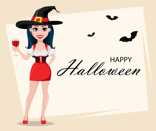 Feliz Halloween Tarjeta Felicitación Con Bruja Sexy Hermoso Vestido Sombrero — Vector de stock
