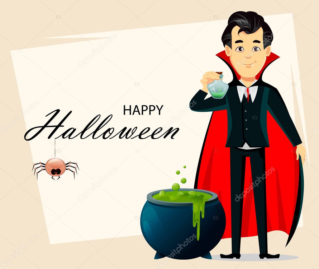 Happy Halloween greeting card, invitation, poster or flyer. Vampire cartoon character wearing black and red cape and making potion. Vector illustration