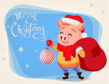 Neşeli Noel tebrik kartı ile şirin domuz Santa Claus şapka ve atkı takmış. Noel ağacı süsle holding neşeli komik çizgi film karakteri. Vektör çizim kış arka plan üzerinde