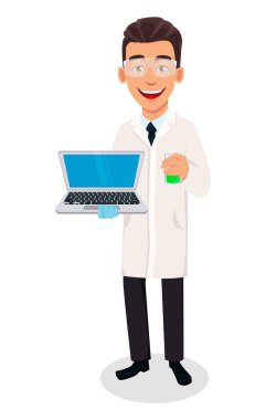 Bilim adamı adam. Yakışıklı çizgi film karakteri holding laptop. Beyaz arka plan üzerinde vektör çizim.