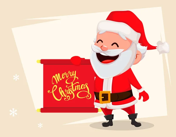 Frohe Weihnachtsgrußkarte Mit Lustigen Weihnachtsmännern Fröhliche Zeichentrickfigur Mit Roter Schriftrolle — Stockvektor