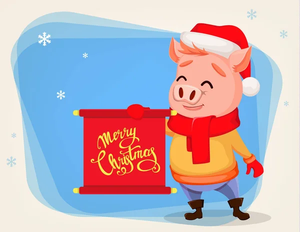 圣诞快乐贺卡与可爱的猪穿圣诞老人帽子和围巾 欢快滑稽的卡通人物抱着卷轴祝贺 冬季背景向量例证 — 图库矢量图片