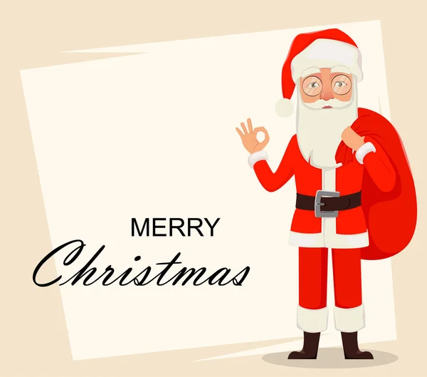 メリークリスマス サンタ クロースが のサインを示します 陽気な漫画のキャラクター グリーティング カード バナー ポスター チラシ — ストックベクタ
