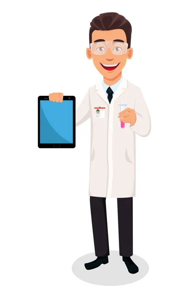 Scientist Man Handsome Cartoon Character Holding Modern Tablet Test Tube — Stock Vector