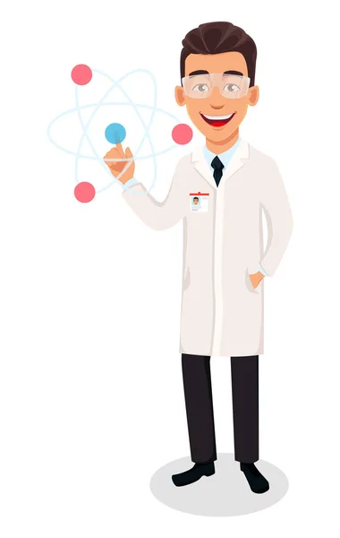 Bilim Adamı Adam Yakışıklı Karikatür Karakter Gösteren Atom Modeli Beyaz — Stok Vektör