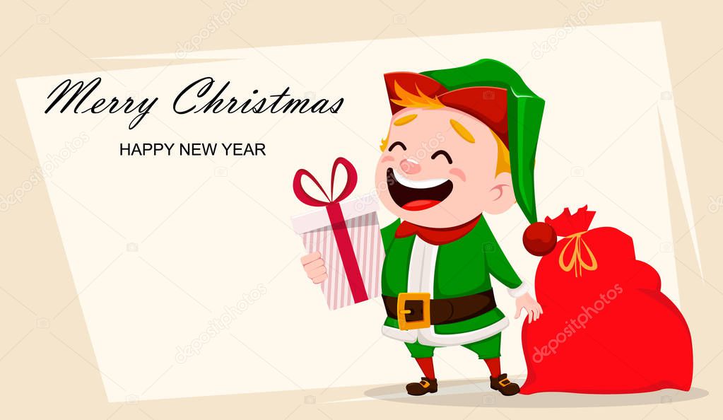 Merry Christmas greeting card with funny Santa Claus helper. Cheerful cute elf. Cartoon character holding gift box. Usable for banner, poster, flyer, label or tag. Vector illustration.