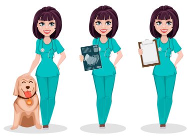 Veteriner kadın, üç pozlar ayarla. Sevimli çizgi film karakteri, profesyonel kadın Veteriner doktor köpek ile standları, x-ışını vurdu tutar ve Pano tutar. Vektör çizim 