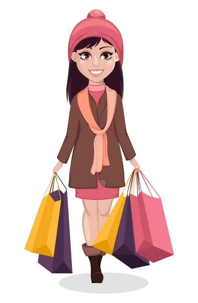 Viernes Negro Hermosa Chica Personaje Dibujos Animados Sosteniendo Bolsas Compras — Archivo Imágenes Vectoriales