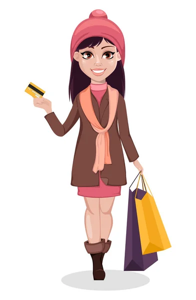 Black Friday Beautiful Girl Cartoon Character Holding Shopping Bags Credit — Stock Vector