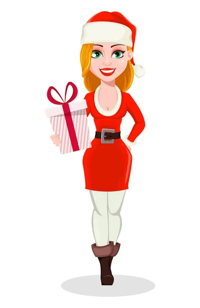 Merry Christmas Beautiful Woman Santa Claus Costume Cheerful Cartoon Character — Stock Vector