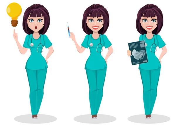 Mujer Veterinaria Conjunto Tres Poses Lindo Personaje Dibujos Animados Médico — Archivo Imágenes Vectoriales