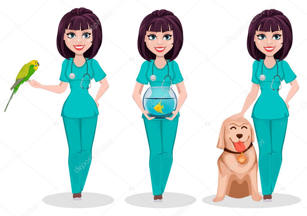 Veterinarian woman, set of three poses. Cute cartoon character, professional female vet doctor holds parrot, holds aquarium with fish and stands with dog. Vector illustration on white background