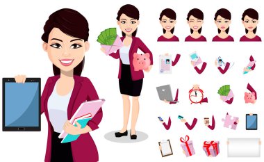 Office giysili Asya iş kadını. Güzel Bayan, çizgi film karakteri, vücut parçaları, duygular ve şey sürüsü. Senin kişisel inşa etmek. Vektör çizim