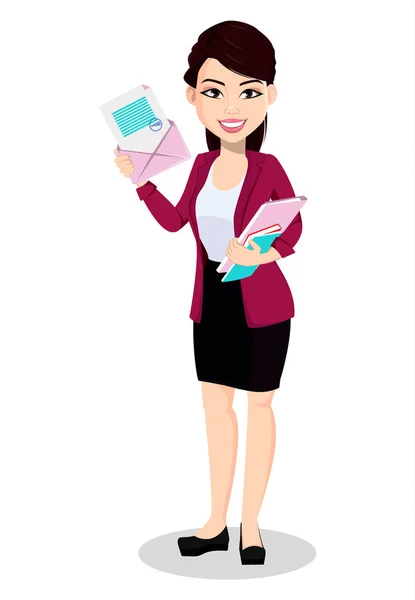 Asiatische Geschäftsfrau Bürokleidung Schöne Dame Zeichentrickfigur Hält Dokument Umschlag Vektor — Stockvektor