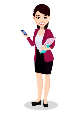 Office giysili Asya iş kadını. Güzel Bayan, çizgi film karakteri smartphone ve belgeleri içerir. Beyaz arka plan üzerinde izole vektör çizim.