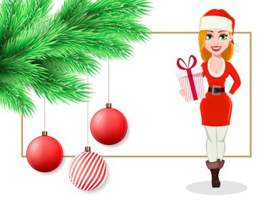 Topları asılı güzel kadınla Noel Baba kostüm, köknar ağacı dalı, Noel süsleri, neşeli Noel kartpostalı. Vektör çizim.