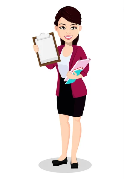 Asiatische Geschäftsfrau Bürokleidung Schöne Dame Zeichentrickfigur Hält Klemmbrett Und Dokumente — Stockvektor