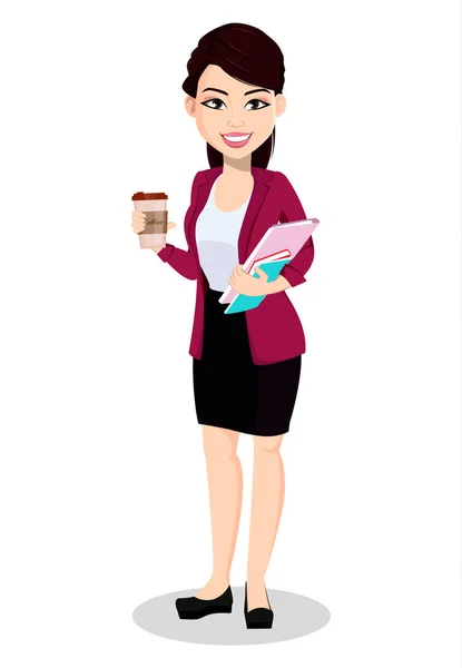 Asiatische Geschäftsfrau Bürokleidung Schöne Dame Zeichentrickfigur Hält Kaffee Und Dokumente — Stockvektor