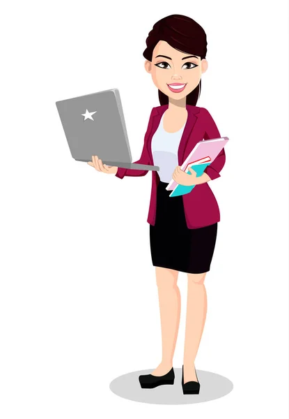 Asiatische Geschäftsfrau Bürokleidung Schöne Dame Zeichentrickfigur Hält Laptop Und Dokumente — Stockvektor