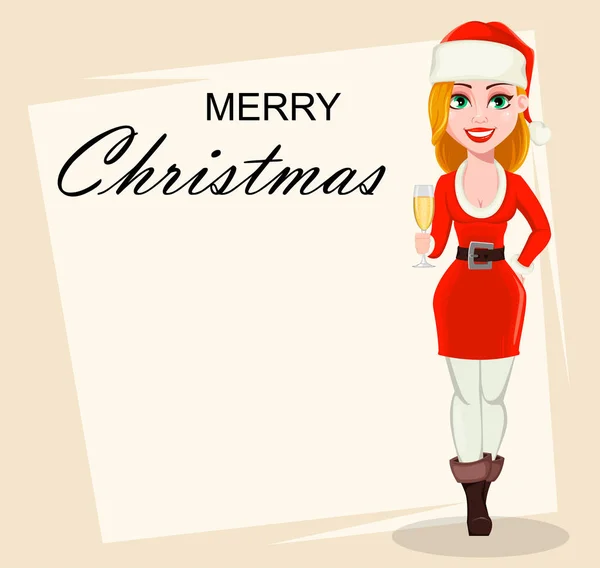 Buon Natale Biglietto Auguri Con Bella Donna Costume Babbo Natale — Vettoriale Stock