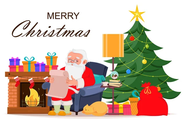 Joyeux Noël Carte Voeux Avec Père Noël Assis Dans Fauteuil — Image vectorielle