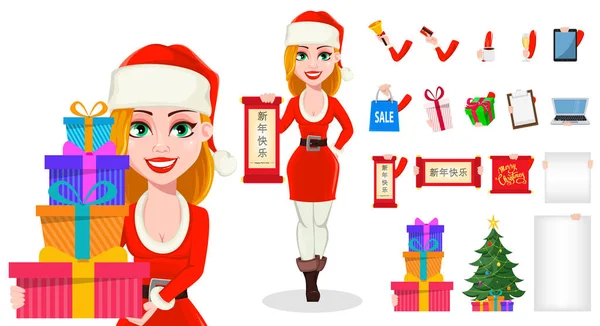 Merry Christmas Beautiful Woman Santa Claus Costume Cartoon Character Pack — Stock Vector