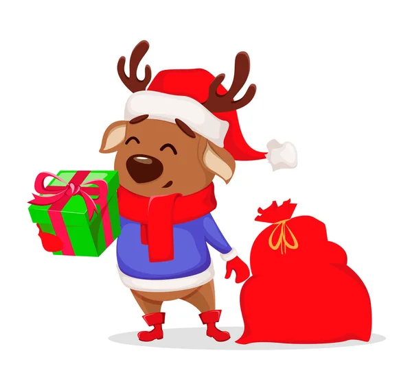 Feliz Navidad Lindo Ciervo Con Sombrero Bufanda Santa Claus Alegre — Vector de stock