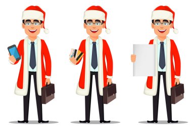 İş adam çizgi film karakteri Noel Baba kostüm, ayarla üç teşkil etmektedir. Smartphone holding, kredi kartları tutan ve boş afişini tutan yakışıklı iş adamı. Vektör çizim.