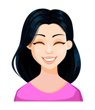 Yüz ifadesi pembe bluz, siyah saçlı güzel kadın gülüyor. Kadın duygu. Sevimli çizgi film karakteri. Beyaz arka plan üzerinde izole vektör çizim.