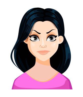 Pembe bluz, kızgın, memnun koyu saçlı güzel kadın yüz ifadesi. Kadın duygu. Sevimli çizgi film karakteri. Beyaz arka plan üzerinde izole vektör çizim.