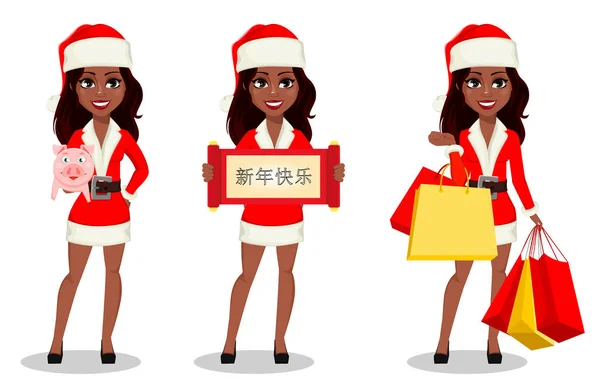 African American Woman Santa Claus Costume Set Three Poses Cartoon — Stock Vector