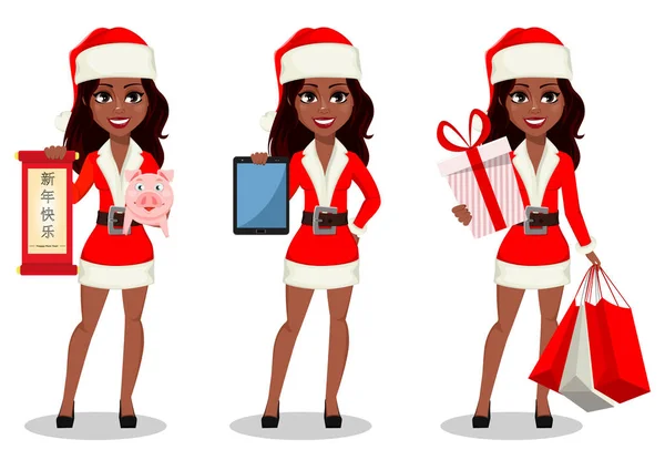 Afro Kobieta Strój Świętego Mikołaja Zestaw Trzech Pozach Postać Kreskówki — Wektor stockowy