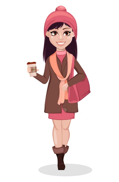 Menina Bonita Personagem Desenho Animado Mulher Bonito Com Bolsa Café — Vetor de Stock