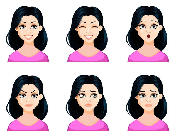 Face Expressions Beautiful Woman Dark Hair Cute Hairstyle Set Different — Stock Vector