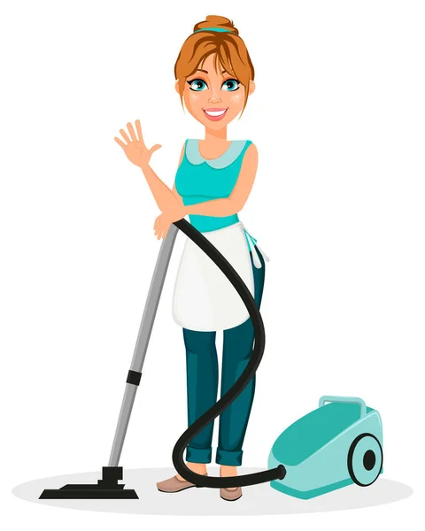 幸せな主婦 陽気な母 美しい女性 掃除機での漫画のキャラクター 白の背景にベクトル画像 — ストックベクタ