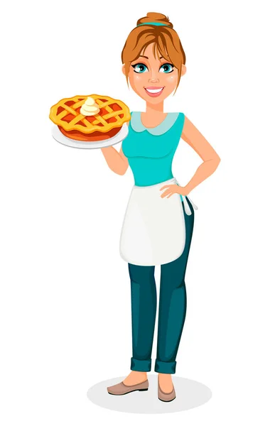 Glückliche Hausfrau Fröhliche Mutter Schöne Frau Zeichentrickfigur Hält Süßen Kuchen — Stockvektor