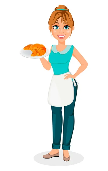 Happy Housewife Cheerful Mother Beautiful Woman Cartoon Character Holds Croissants — Stock Vector