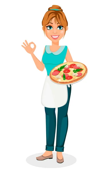 Boldog Háziasszony Vidám Anya Gyönyörű Rajzfilmfigura Ízletes Pizza Tartja Azt — Stock Vector