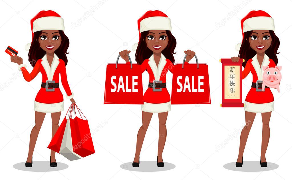 African-American woman in Santa Claus costume, set of three poses. Cartoon character holds credit card, holds shopping bags and holds scroll and piggy. Lettering translates as Happy New Year. Vector