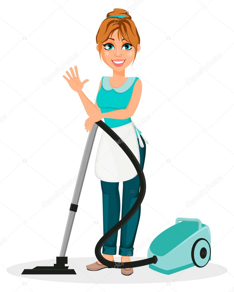 Happy housewife. Cheerful mother, beautiful woman. Cartoon character with vacuum cleaner. Vector illustration on white background.