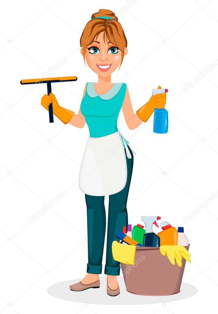 Happy housewife. Cheerful mother, beautiful woman. Cartoon character holds cleaning agents. Vector illustration on white background.