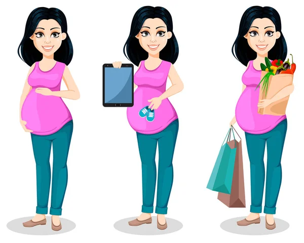 美丽的女士准备做母亲 设置三个姿势 可爱的卡通人物触摸腹部 拿着平板电脑 拿着购物袋 向量例证 — 图库矢量图片