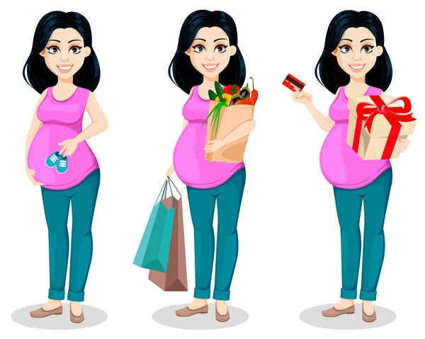美丽的女士准备做母亲 设置三个姿势 可爱的卡通人物拿着婴儿鞋 拿着购物袋 拿着礼品盒 向量例证 — 图库矢量图片
