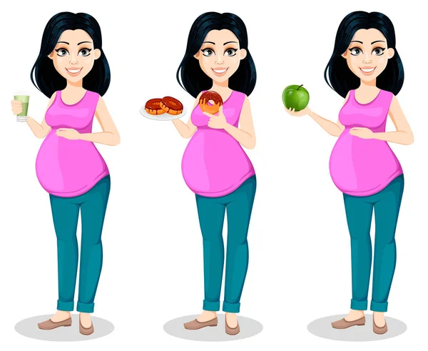 Pregnant Woman Beautiful Lady Prepares Mother Set Three Poses Cute — Stock Vector