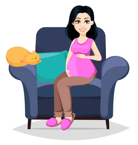 Pregnant Woman Beautiful Lady Prepares Mother Cute Cartoon Character Sits — Stock Vector