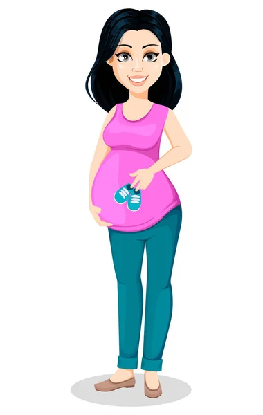 Pregnant Woman Beautiful Lady Prepares Mother Cute Cartoon Character Holds — Stock Vector