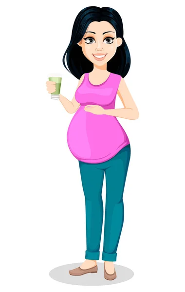 妊娠中の女性 美しい女性は 母親に準備します かわいい漫画のキャラクターは スムージーのガラスを保持します 白い背景で隔離のベクトル図 — ストックベクタ