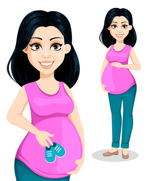 妊娠中の女性 美しい女性は 母親に準備します かわいい漫画のキャラクター 白い背景で隔離のベクトル図 — ストックベクタ